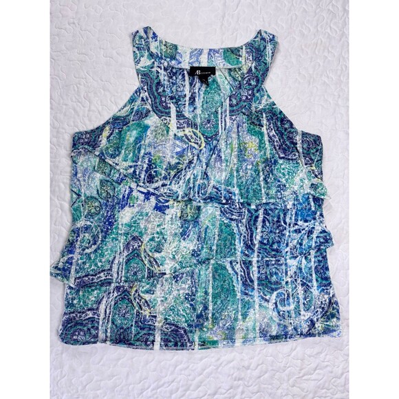 AB Studio Blue Green Paisley Floral Print Halter Vneck Ruffled Tank Top size xl - Picture 1 of 7